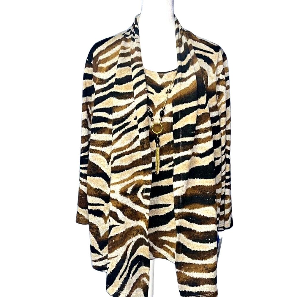 Alfred Dunner Zebra‎ Print 2 Piece Twin Set Cardigan Top Necklace Brown Multi M